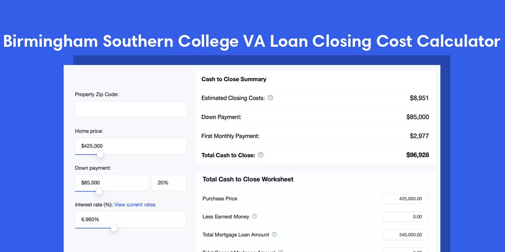 Birmingham Southern College, AL VA Loan Closing Cost Calculator