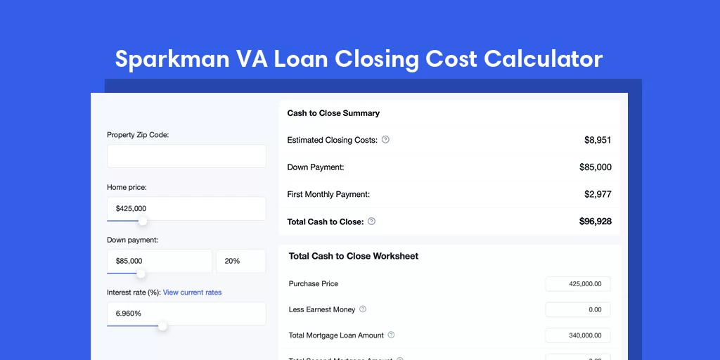 Sparkman, AR VA Loan Closing Cost Calculator