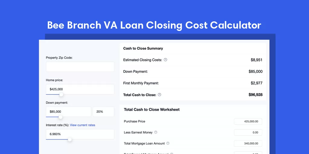 Bee Branch, AR VA Loan Closing Cost Calculator