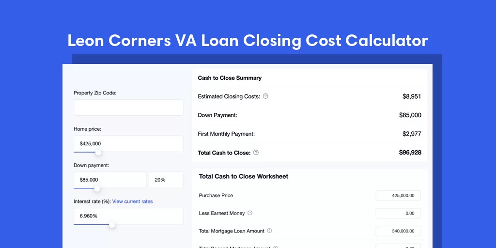 Leon Corners, IL VA Loan Closing Cost Calculator Leon Corners, IL VA Loan Closing Cost Calculator