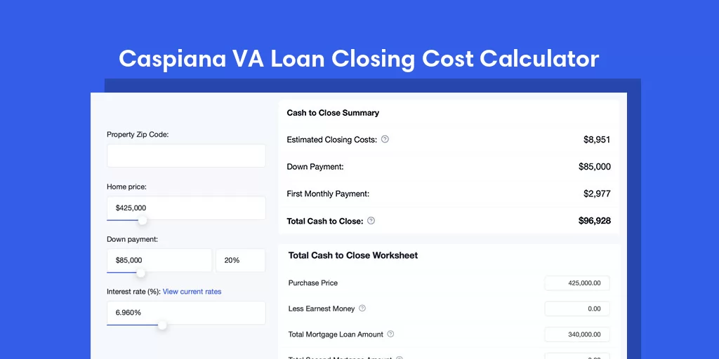 Caspiana, LA VA Loan Closing Cost Calculator Caspiana, LA VA Loan Closing Cost Calculator