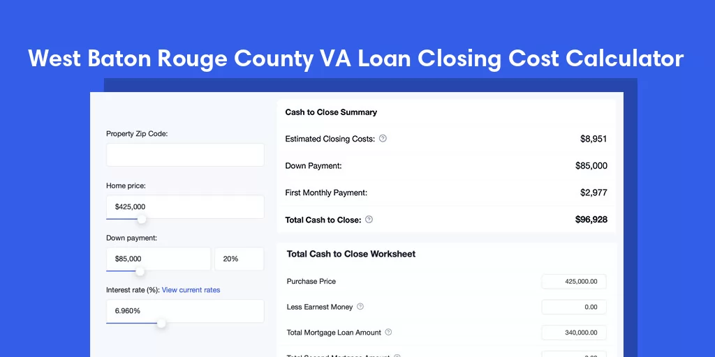 West Baton Rouge County, LA VA Loan Closing Cost Calculator