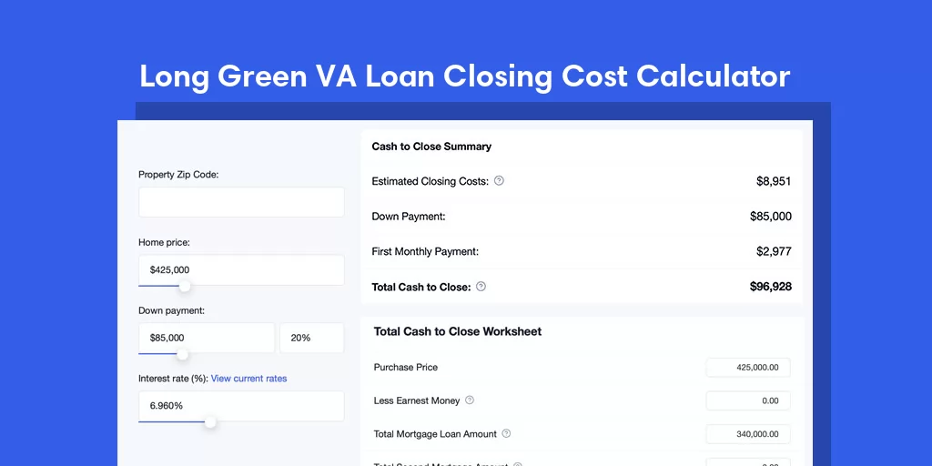 Long Green, MD VA Loan Closing Cost Calculator