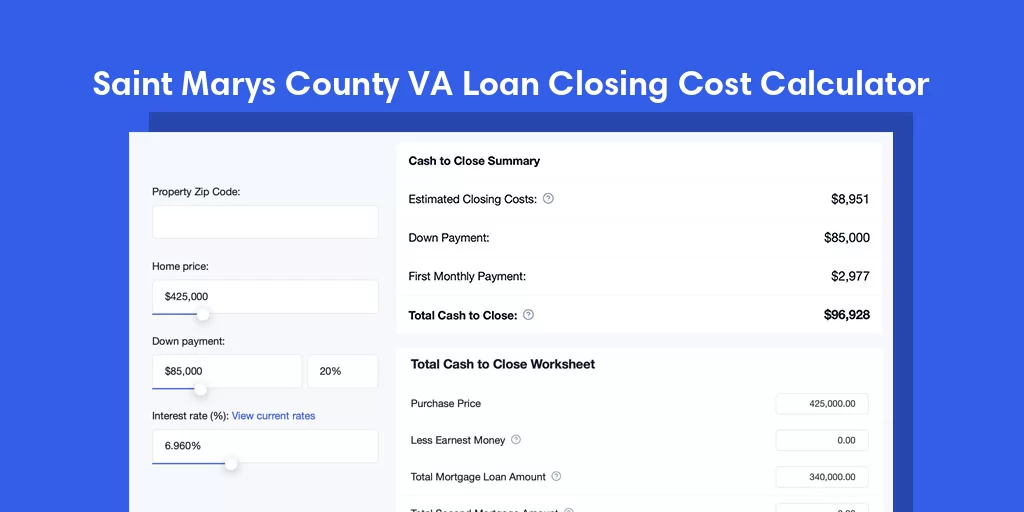 Saint Marys County, MD VA Loan Closing Cost Calculator