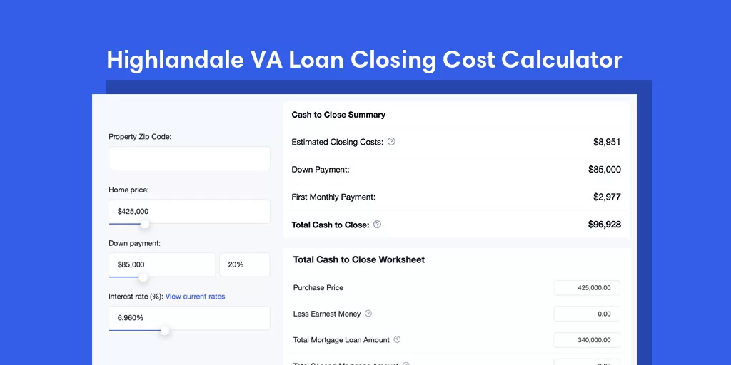 Highlandale, MS VA Loan Closing Cost Calculator