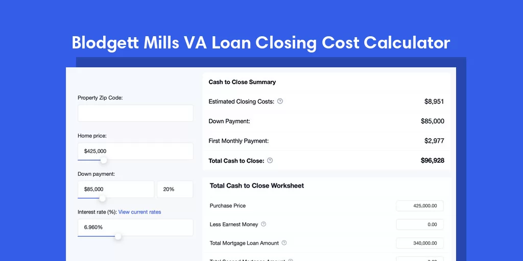 Blodgett Mills, NY VA Loan Closing Cost Calculator