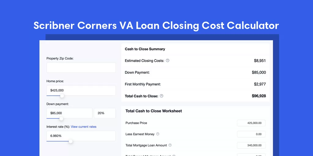 Scribner Corners, NY VA Loan Closing Cost Calculator