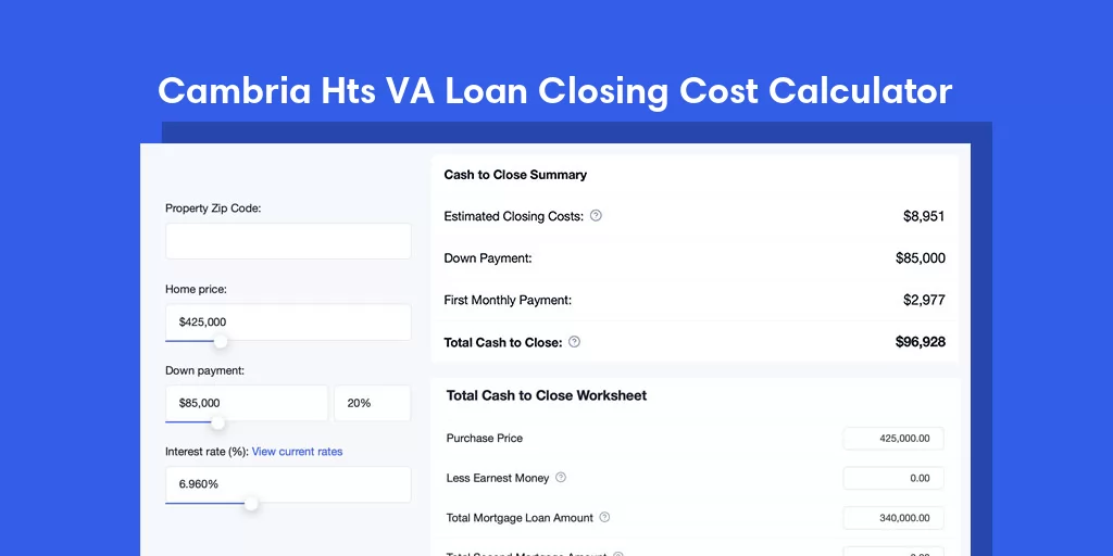 Cambria Hts, NY VA Loan Closing Cost Calculator