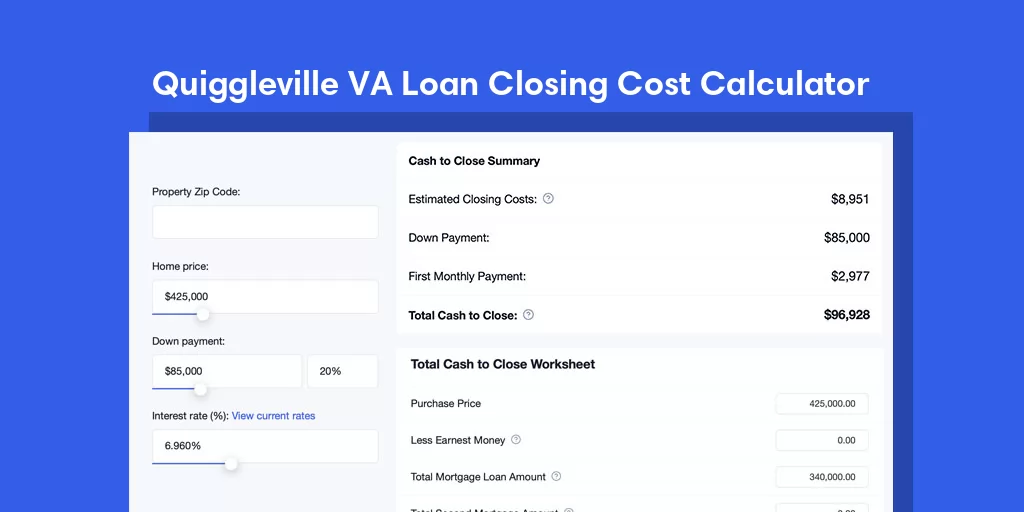 Quiggleville, PA VA Loan Closing Cost Calculator