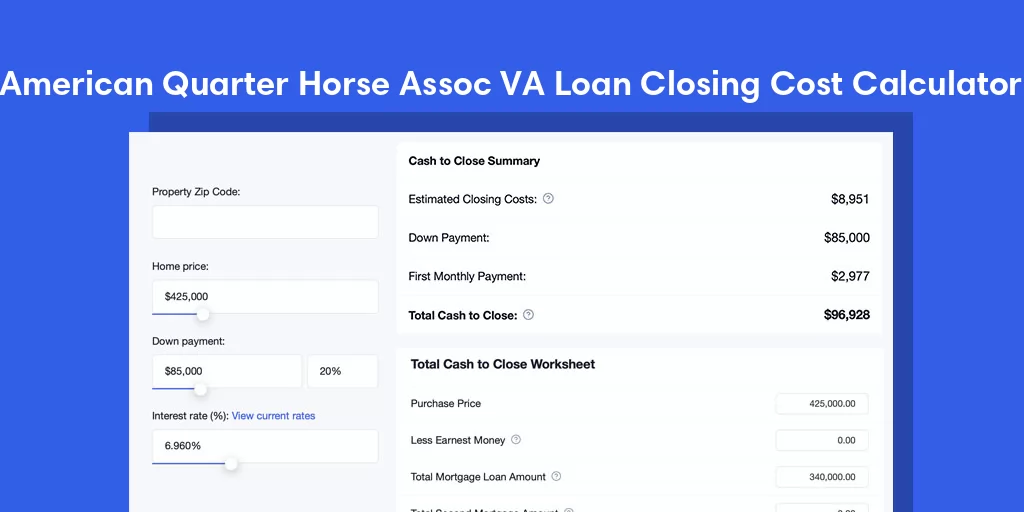 American Quarter Horse Assoc, TX VA Loan Closing Cost Calculator American Quarter Horse Assoc, TX VA Loan Closing Cost Calculator