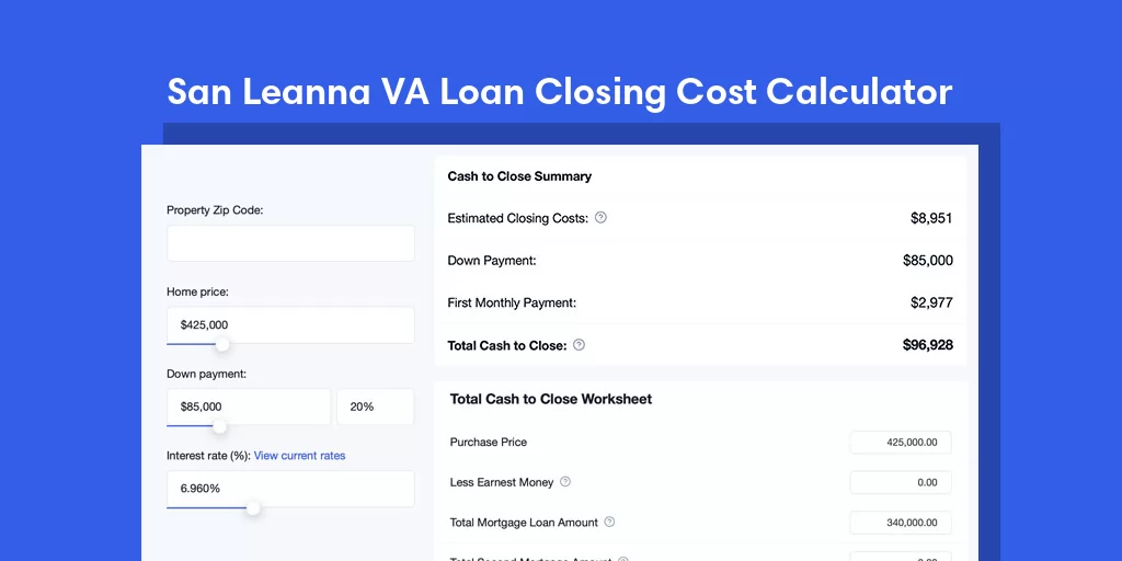 San Leanna, TX VA Loan Closing Cost Calculator