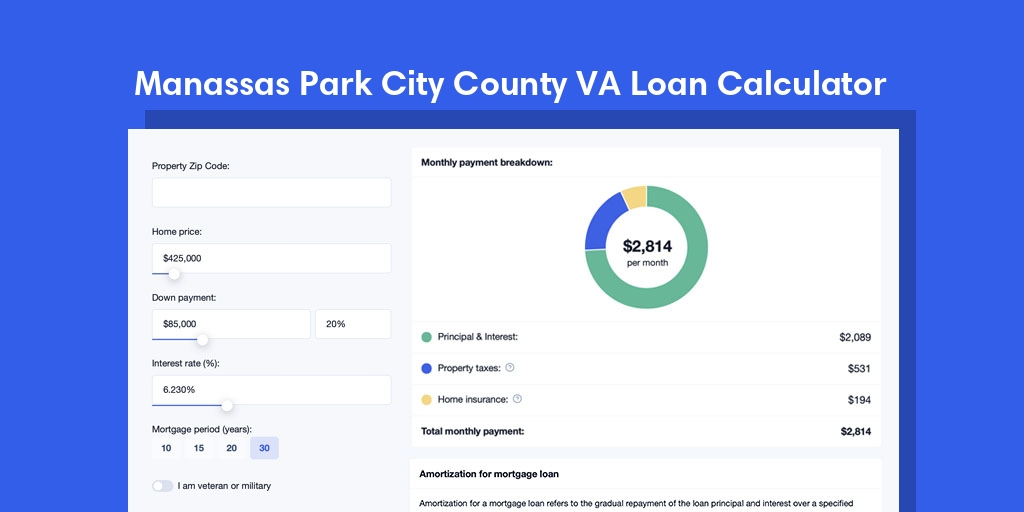 Manassas Park City County, VA VA Loan Mortgage Calculator with taxes and homeowners insurance, PMI, and HOA