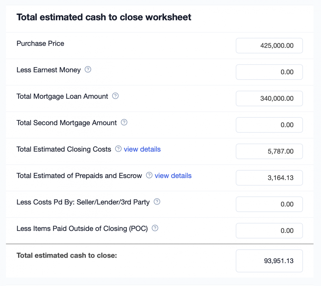 Total estimated cash to close worksheet